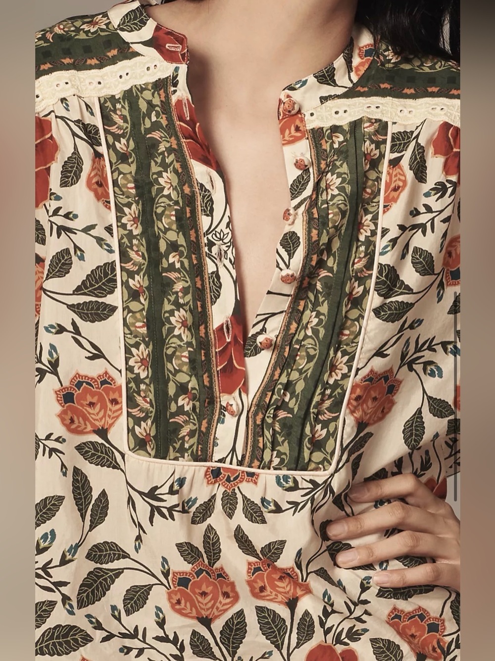 Farm Rio Garden Tapestry Sand Boho Floral Blouse Large NWT - Picture 3 of 7